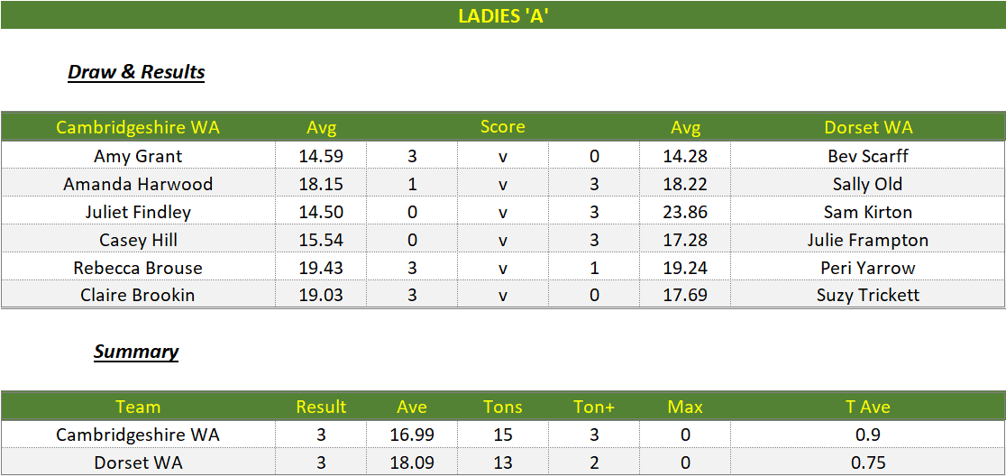 Darts British Inter County Championships 2022/2023 Division 1 Cambridgeshire v Dorset Womens A Scorecard