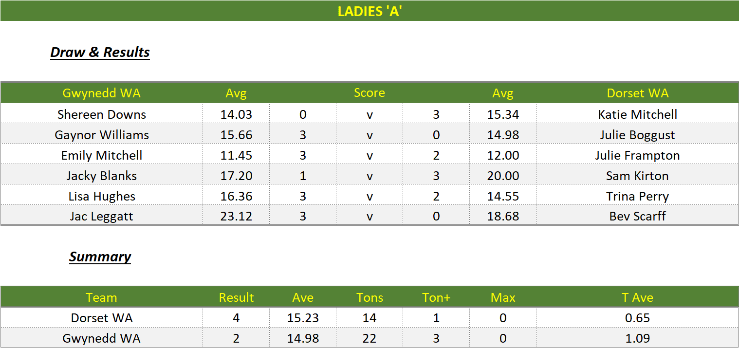 Darts British Inter County Championships 2022/2023 Division 1 Gwynedd v Dorset Womens A Scorecard