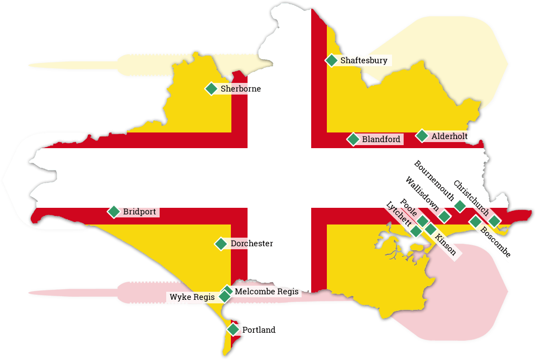 Dorset Superleague Darts 2014/2015 Season - Map of Dorset with all Superleague Team Locations