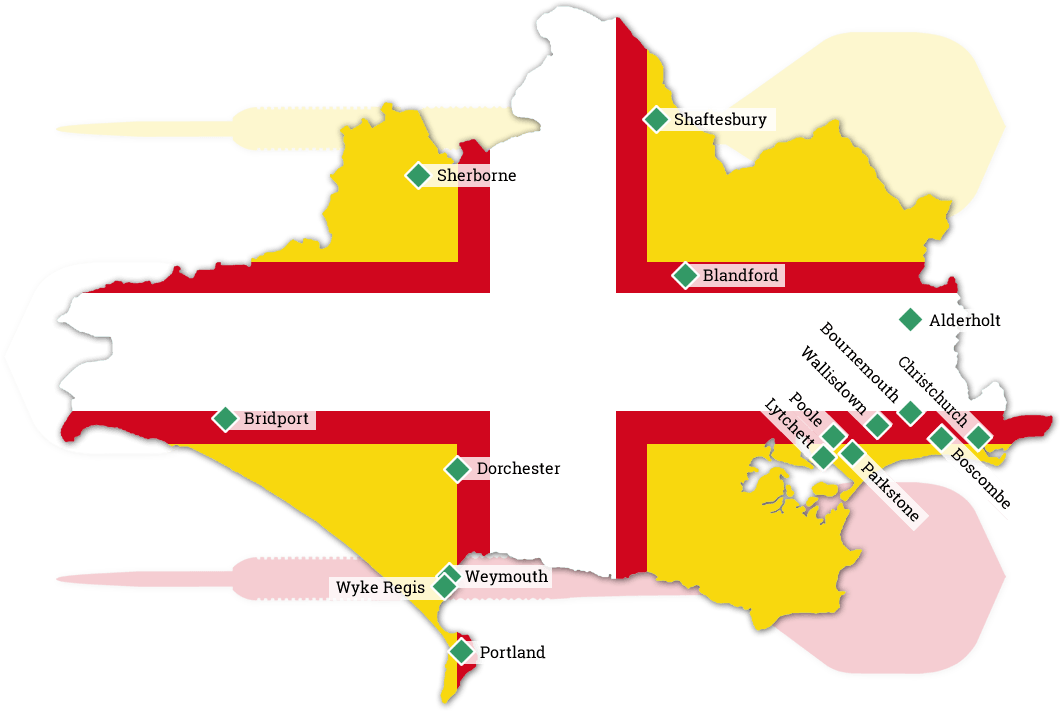 Dorset Superleague Darts 2015/2016 Season - Map of Dorset with all Superleague Team Locations