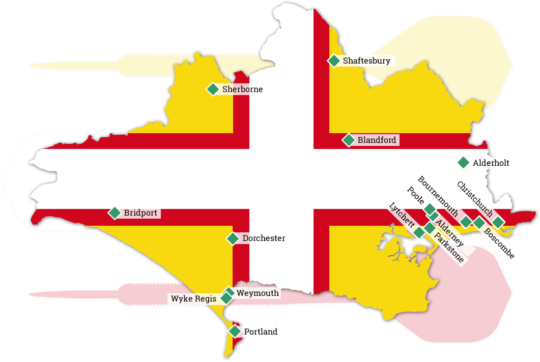 Dorset Superleague Darts 2019/2020 Season - Map of Dorset with all Superleague Team Locations