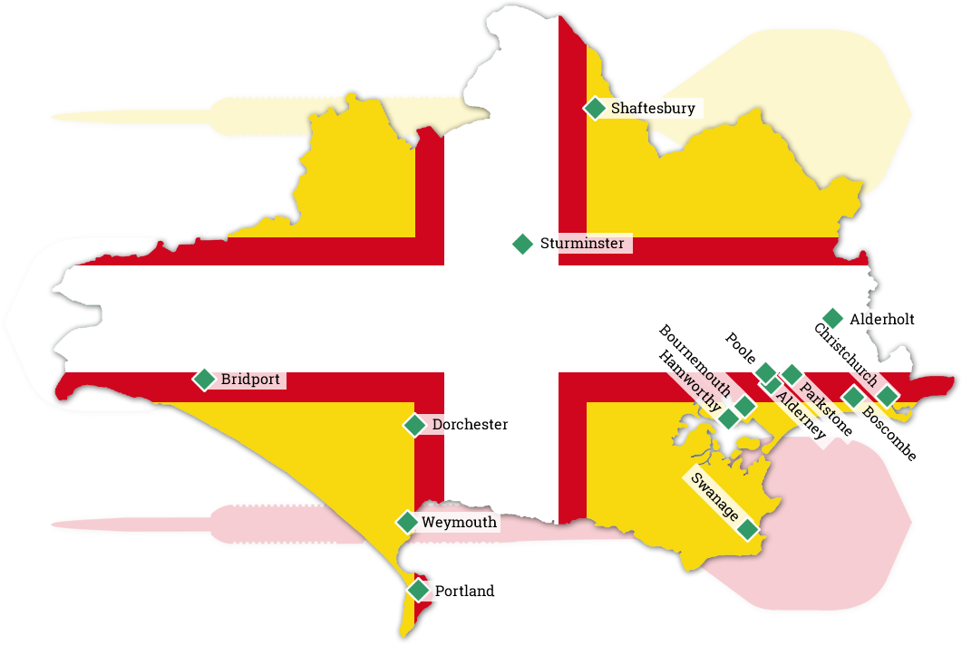 Dorset Superleague Darts 2024/2025 Season - Map of Dorset with all Superleague Team Locations