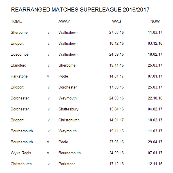 Dorset Superleague Darts 2016/2017 Season - Rearranged Matches