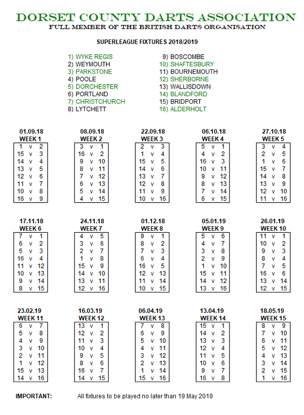 Dorset Superleague Darts 2018/2019 Season - Fixture List