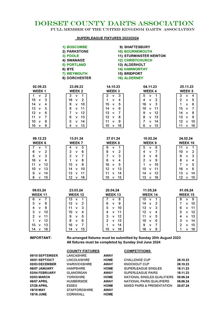 Dorset Superleague Darts 2023/2024 Season - Fixture List